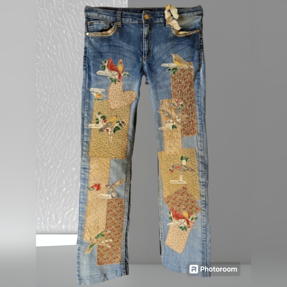 HAND CRAFTED Jeans UPCYCLED Blue Denim Patchwork Bird Floral Applique Size 6